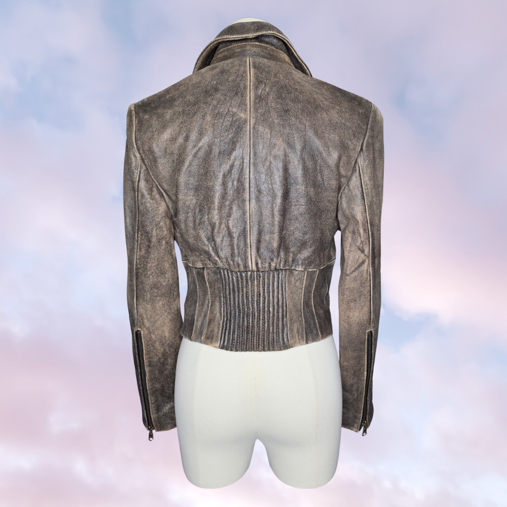 Vtg Y2k 2000s Guess Brown Distressed Worn Zip Up Emma Chamberlain Moto Jacket M - Picture 5 of 8